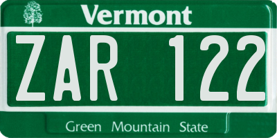 VT license plate ZAR122
