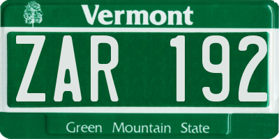 VT license plate ZAR192