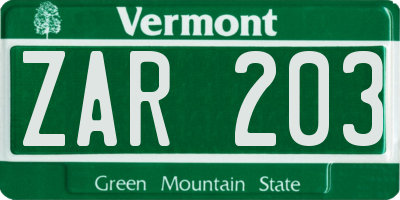 VT license plate ZAR203
