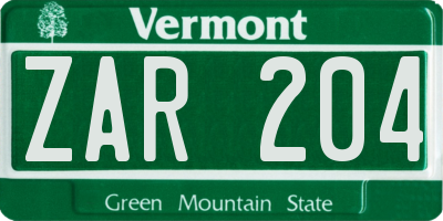 VT license plate ZAR204