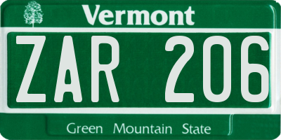 VT license plate ZAR206