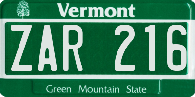 VT license plate ZAR216