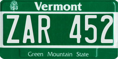VT license plate ZAR452