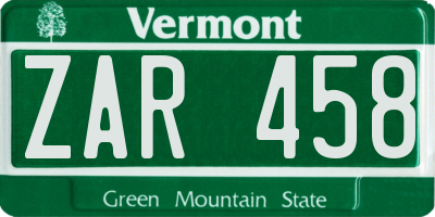 VT license plate ZAR458