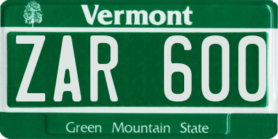 VT license plate ZAR600