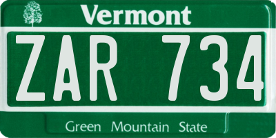 VT license plate ZAR734