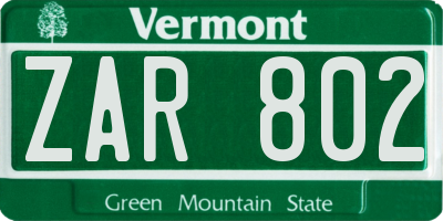 VT license plate ZAR802