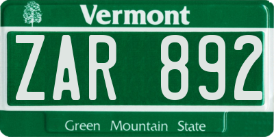 VT license plate ZAR892
