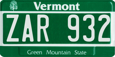 VT license plate ZAR932