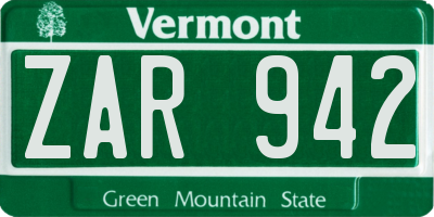 VT license plate ZAR942
