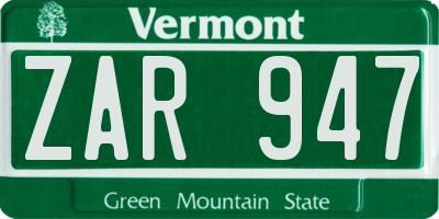 VT license plate ZAR947