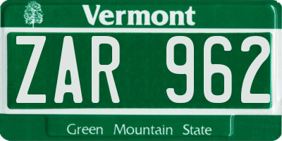 VT license plate ZAR962