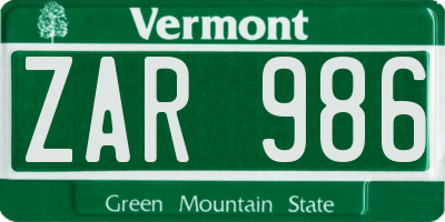 VT license plate ZAR986