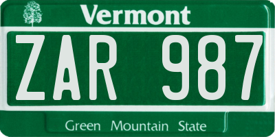 VT license plate ZAR987
