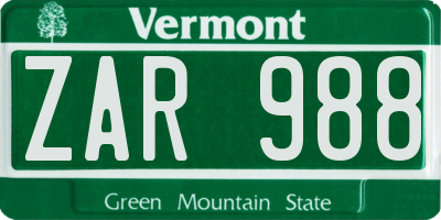 VT license plate ZAR988