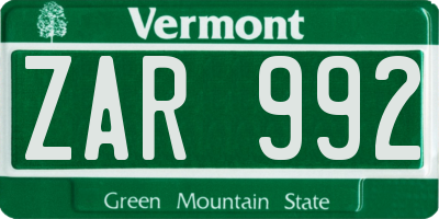 VT license plate ZAR992