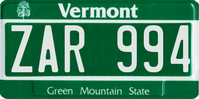 VT license plate ZAR994