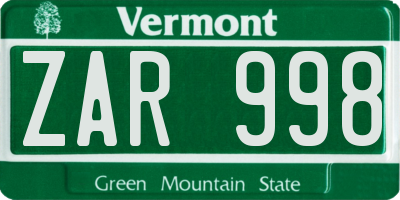 VT license plate ZAR998
