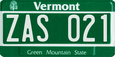VT license plate ZAS021