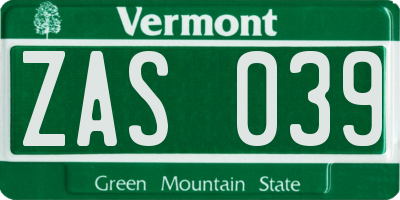 VT license plate ZAS039