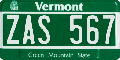 VT license plate ZAS567