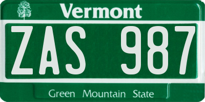 VT license plate ZAS987