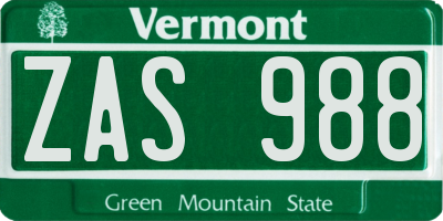 VT license plate ZAS988
