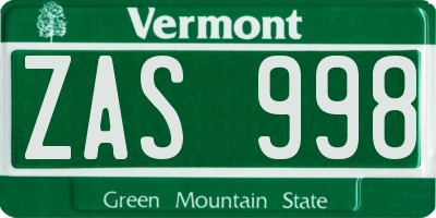 VT license plate ZAS998