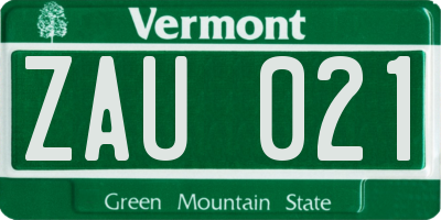 VT license plate ZAU021