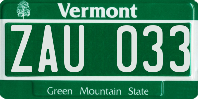 VT license plate ZAU033