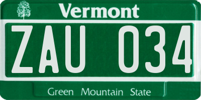 VT license plate ZAU034