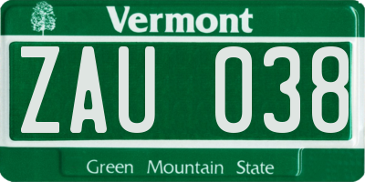 VT license plate ZAU038