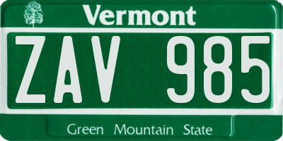 VT license plate ZAV985