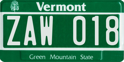 VT license plate ZAW018