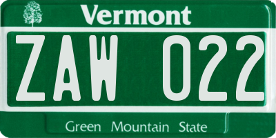 VT license plate ZAW022