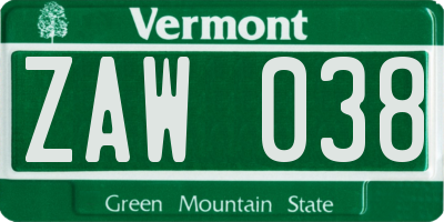 VT license plate ZAW038