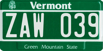 VT license plate ZAW039