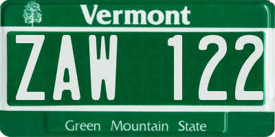 VT license plate ZAW122