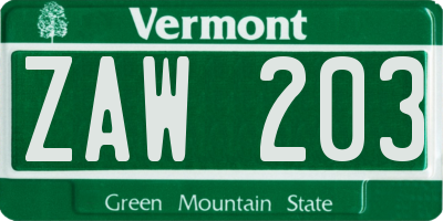 VT license plate ZAW203