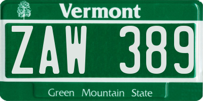 VT license plate ZAW389