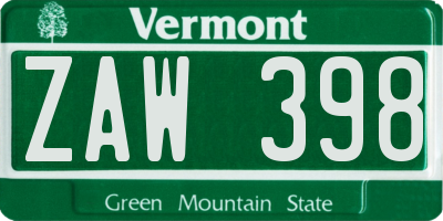 VT license plate ZAW398