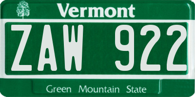 VT license plate ZAW922