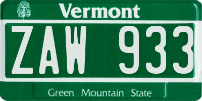 VT license plate ZAW933