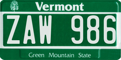 VT license plate ZAW986