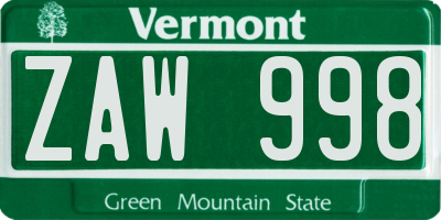 VT license plate ZAW998