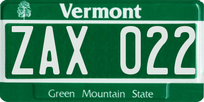 VT license plate ZAX022
