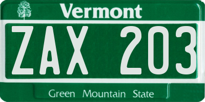 VT license plate ZAX203
