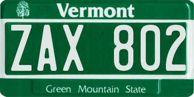 VT license plate ZAX802