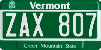 VT license plate ZAX807