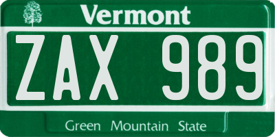 VT license plate ZAX989